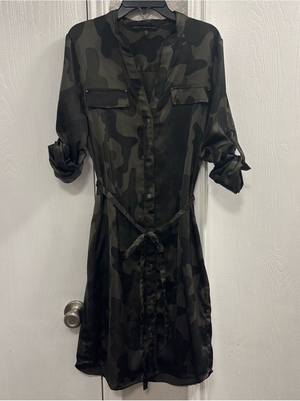 White House Black Market Olive & Black Camo Midi Shirt Dress